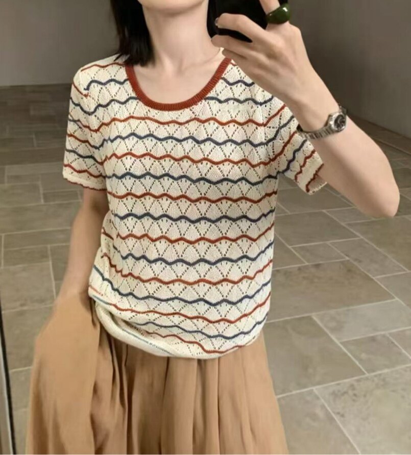 显瘦波浪条纹亚麻针织短袖女薄款
