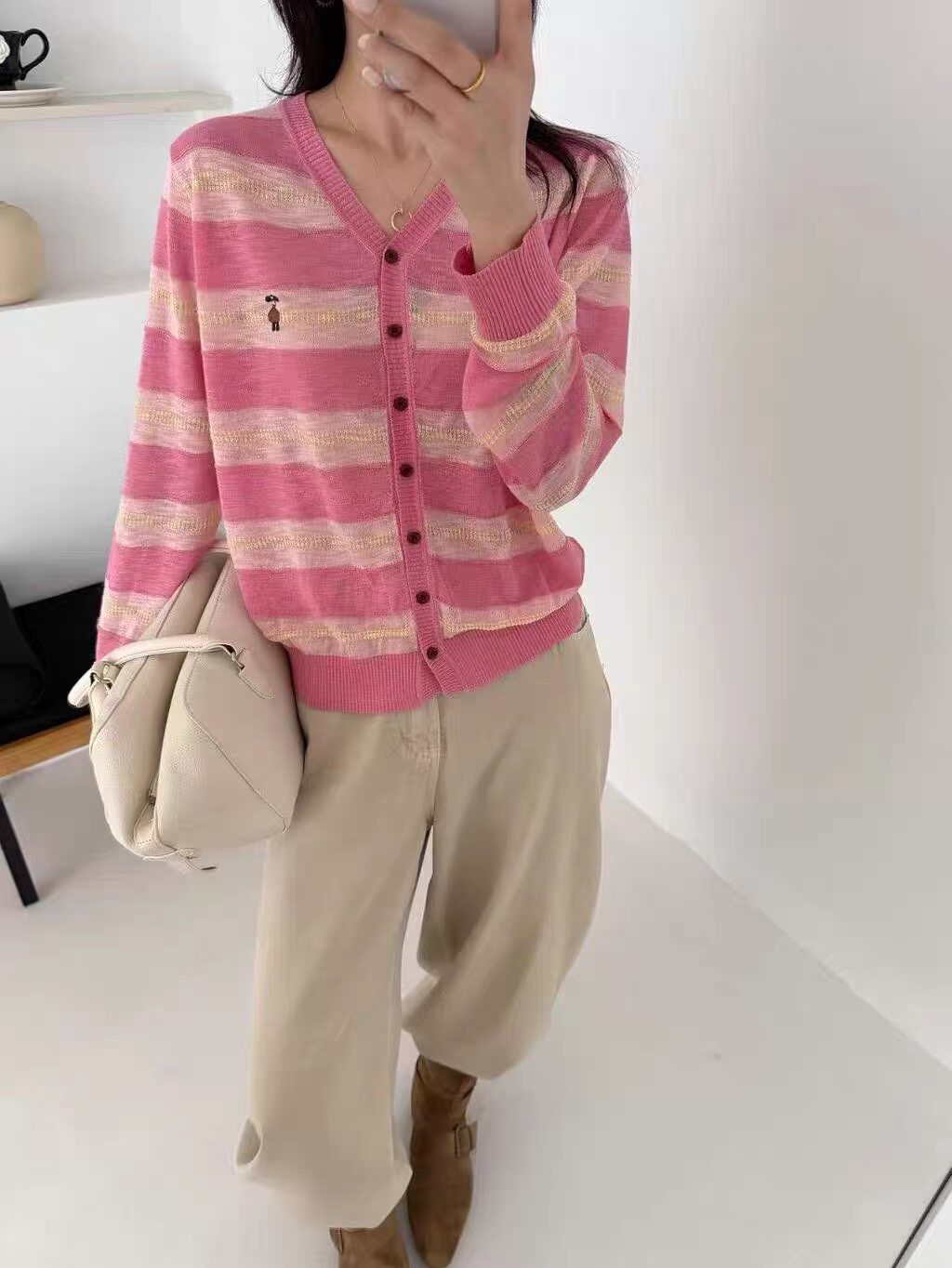 显瘦条纹天丝羊毛针织开衫女百搭