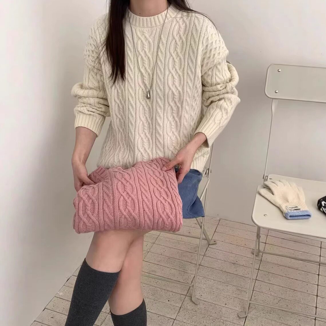 绞花羊毛蜜熊针织衫女毛衣打底衫