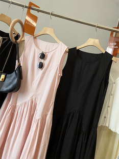 大厂推荐！气质法式100棉宽松褶皱无袖A字版中长款连衣裙背心裙女