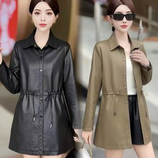 皮风衣外套 高贵休闲收腰显瘦中年妈妈装 皮衣女中长款 2025海宁新款