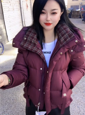 冬季女新款保暖云朵花苞泡芙龟背连帽撞色格子爆款轻奢羽绒服517