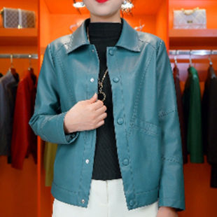 洋气显瘦休闲皮衣 纯色翻领pu水洗皮外套女G妈妈装 海宁秋冬季 时尚