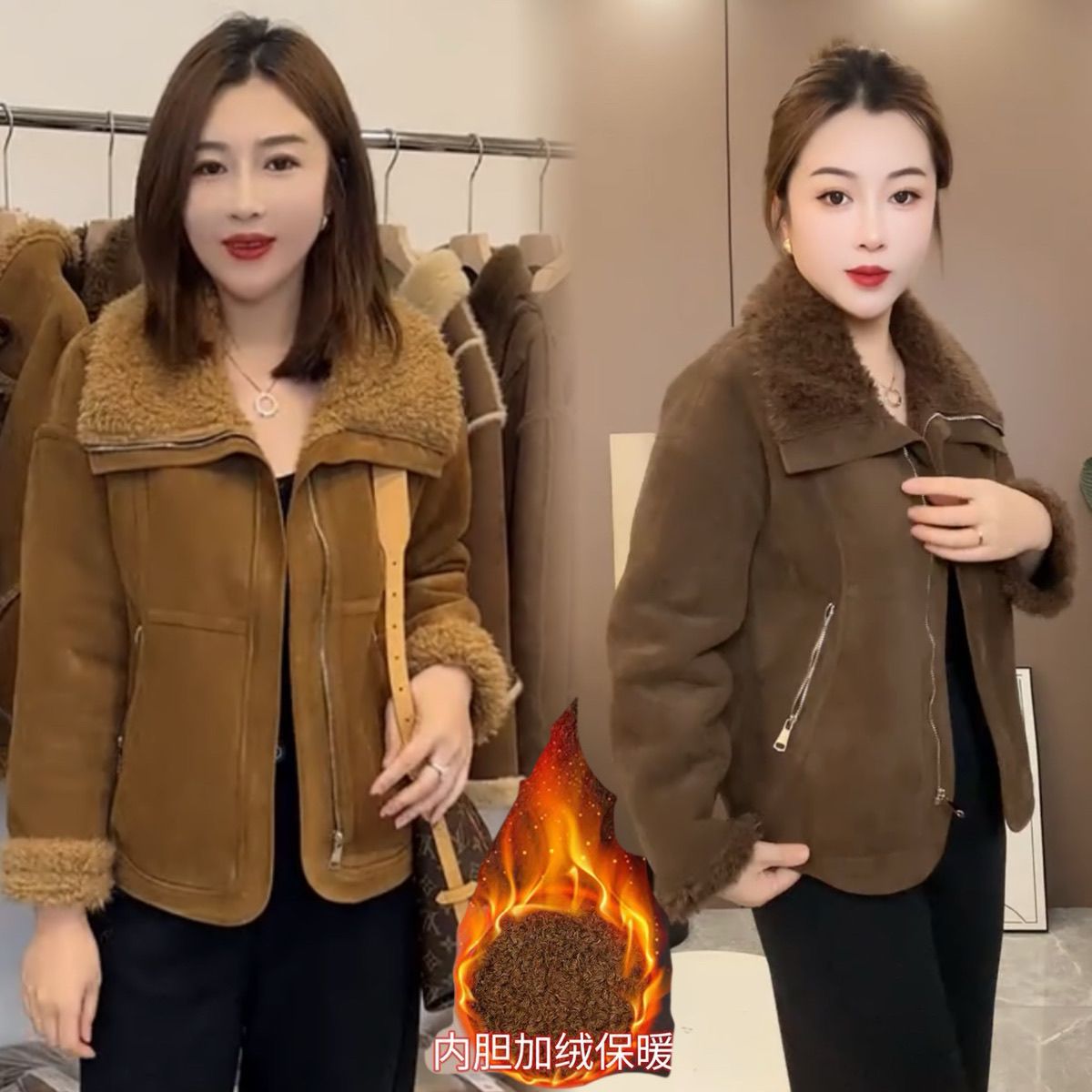 大翻领仿羊羔毛皮毛一体短外套女冬季2025新款保暖加厚机车服上衣