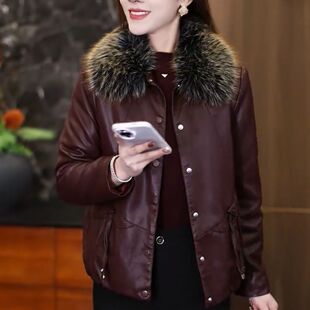 【加绒带毛领高品质软皮】海宁2025新款皮衣加绒加厚短款夹克外套