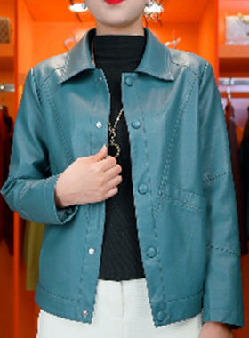 2025春季时尚纯色翻领pu水洗皮外套女G妈妈装洋气显瘦休闲皮衣