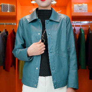 洋气显瘦休闲皮衣 纯色翻领pu水洗皮外套女G妈妈装 2025春季 时尚