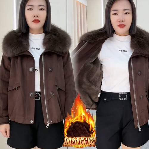 可拆卸大毛领加绒加厚棉衣外套女2025冬季新款宽松派克服加棉夹克