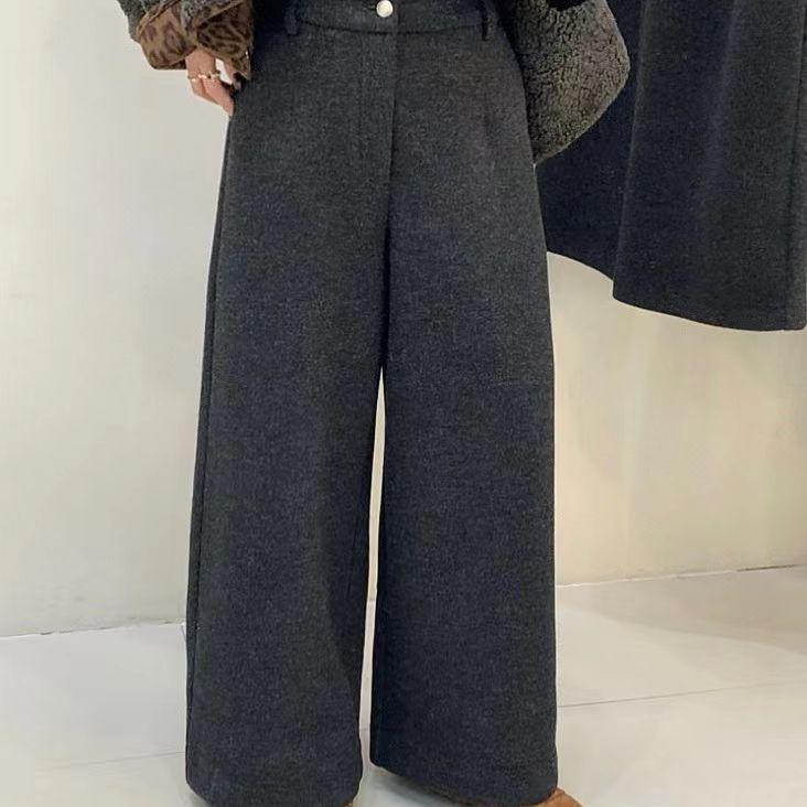 一粒扣极简风垂感阔腿裤女松紧腰九分裤深灰色休闲裤羊绒裤女加绒