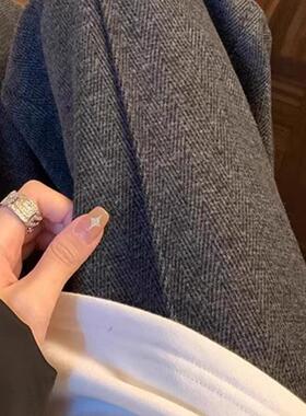 女秋冬加绒加厚人字纹羊毛灰色毛呢西装裤窄阔腿宽松直筒春秋长裤