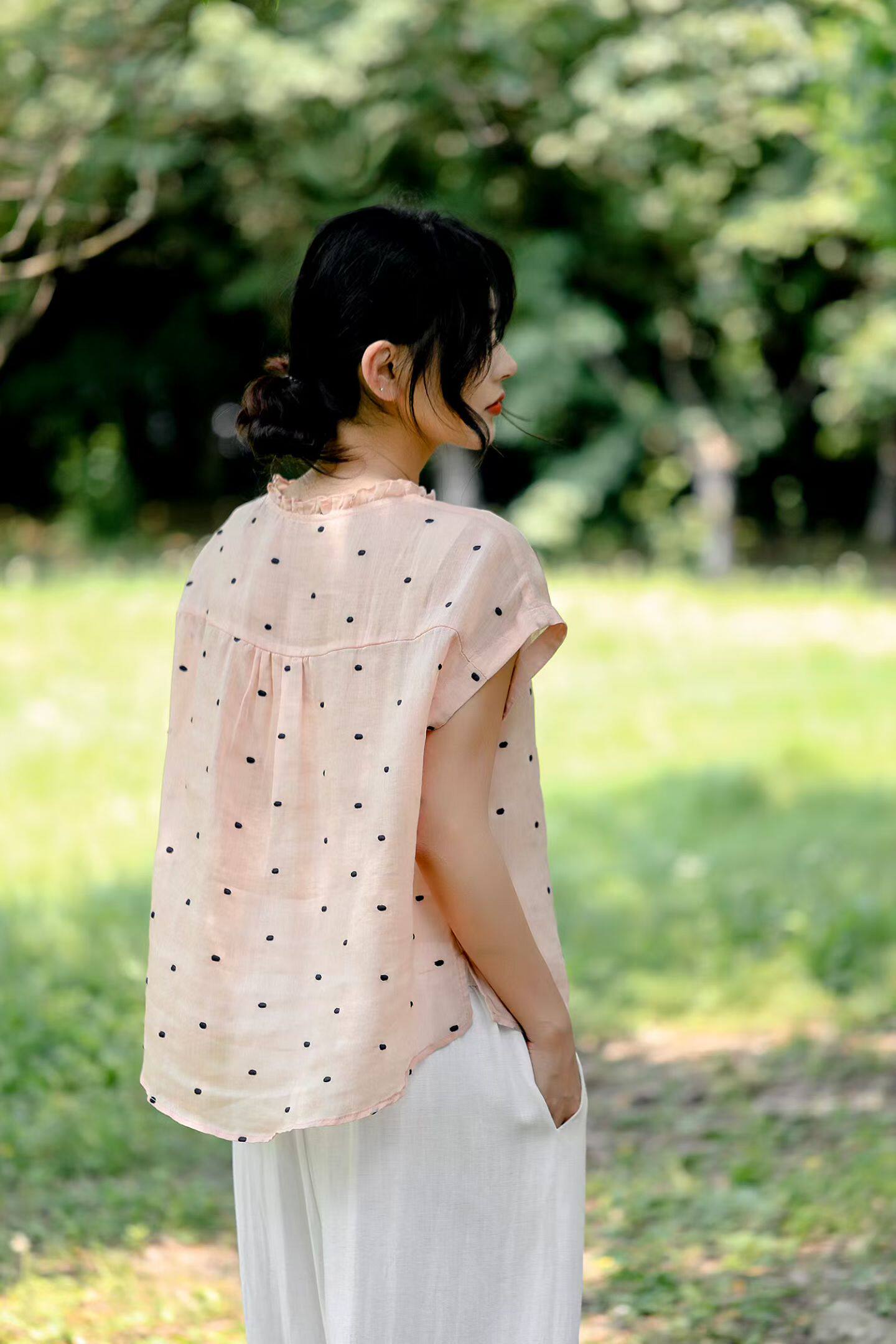 莲子魅依100%纯苎麻高端洋气文艺风波点衬衫女宽松显瘦上衣
