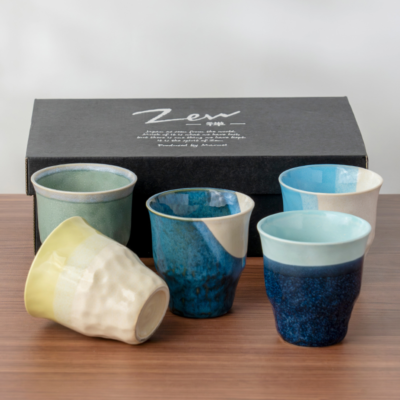 美浓烧日式进口窑变青釉水杯陶瓷水具套装5个一套礼盒家用套装