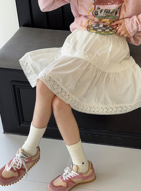 女童半身裙2026夏装新款儿童洋气裙子女孩A字棉布裙蕾丝拼接短裙