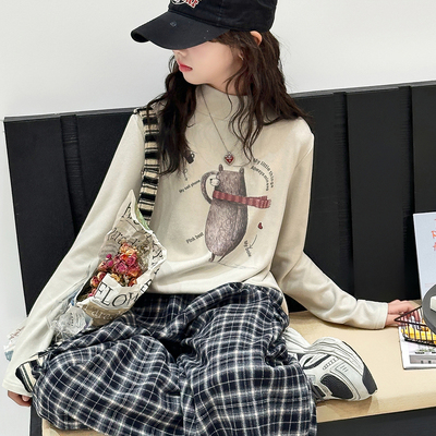 女童半高领加厚打底衫2025新款秋冬装儿童长袖磨毛T恤内搭上衣潮