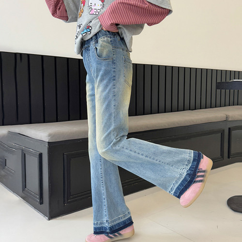 【清仓】女童牛仔裤喇叭裤秋季儿童修身阔腿裤百搭童装水洗裤子潮