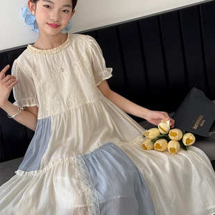 【清仓】女童夏季连衣裙儿童短袖裙子小女孩撞色拼接纱裙A字裙夏