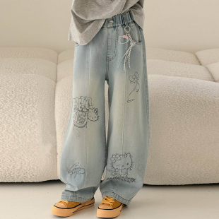 中大童韩版 2026新款 宽松阔腿直筒裤 春秋款 女童春装 儿童长裤 牛仔裤