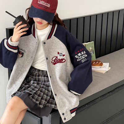 女童棒球服2025冬装新款儿童加厚夹棉毛呢外套女大童宽松刺绣上衣