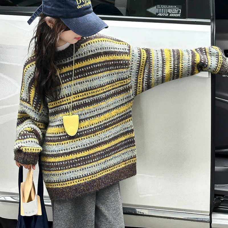 女童毛衣针织衫2025秋冬装新款儿童条纹加厚上衣女大童针织打底衫