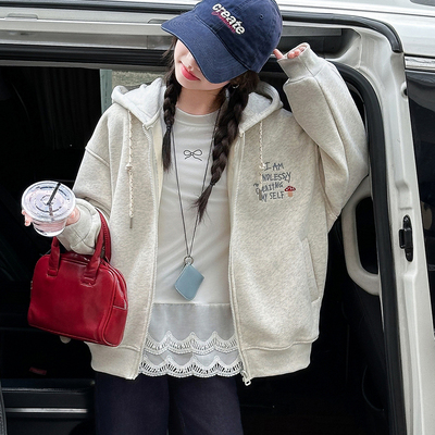 女童卫衣外套2025新款大童洋气运动连帽上衣儿童秋冬装加绒加厚潮