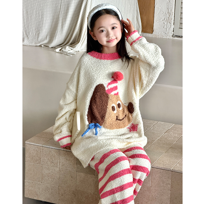 女童加绒家居服套装儿童秋冬珊瑚绒睡衣两件套2025冬装新款保暖衣