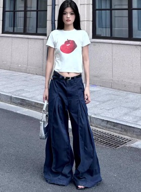 复古简约深蓝色大阔腿褶皱设计牛仔裤情侣款宽松垂感拖地休闲长裤