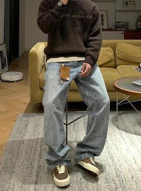 复古休闲高街vibe宽松工装裤男潮浅蓝色直筒水洗阔腿裤拖地牛仔裤