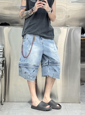 浅蓝色宽松简约vintage阔腿七分裤潮款夏季拼接设计磨破牛仔短裤