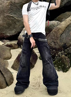 美式街头水洗黑色破洞设计感牛仔裤男休闲宽松vibe显瘦直筒长裤子