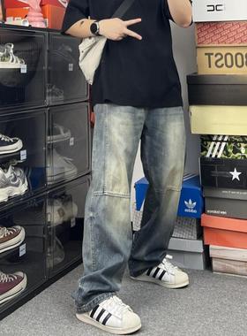 浅蓝色拼接休闲直筒牛仔裤男潮水洗简约设计感阔腿裤痞帅百搭长裤