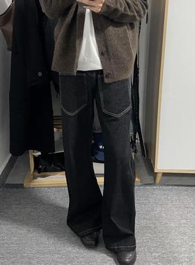 美式复古vibe黑色廓形弯刀牛仔裤男潮简约拼接反穿设计直筒阔腿裤