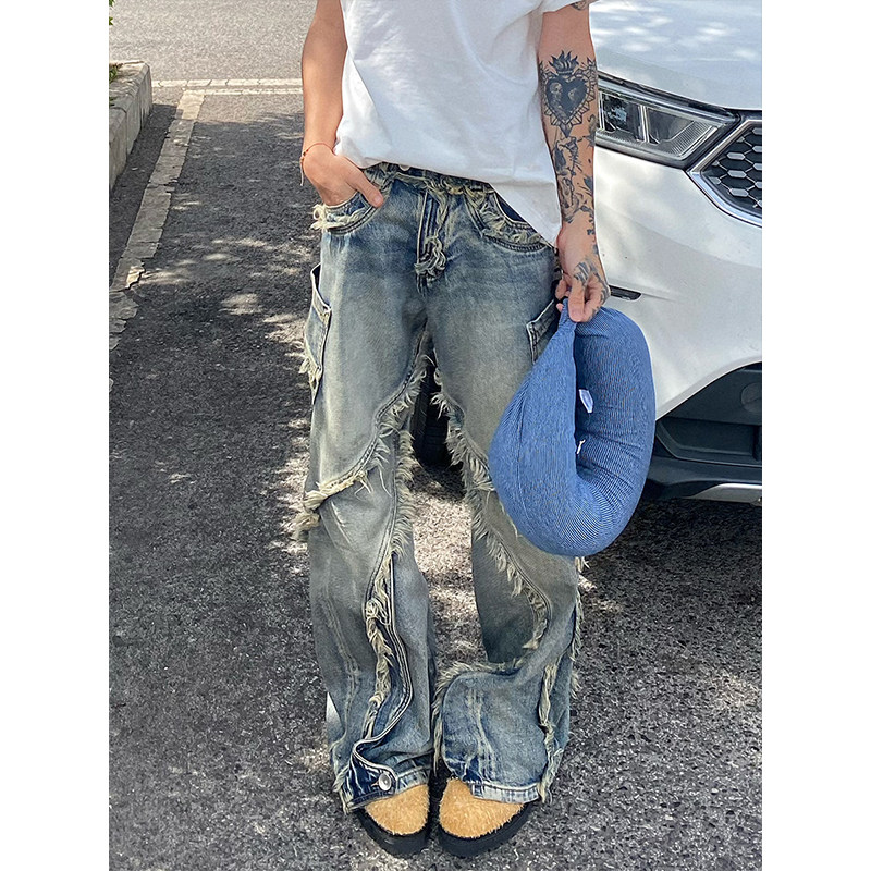 美式复古毛边流苏拼接牛仔裤男宽松直筒阔腿裤潮流小众破坏设计感