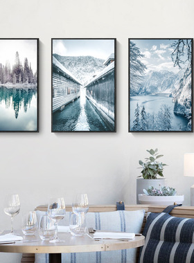 北欧简约蓝色风暴户外山水雪景客厅餐厅装饰画公寓民宿酒店壁画