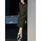 休闲大方潮流穿搭一整套2026新款 绿色条纹上衣同色半身短裙两件套