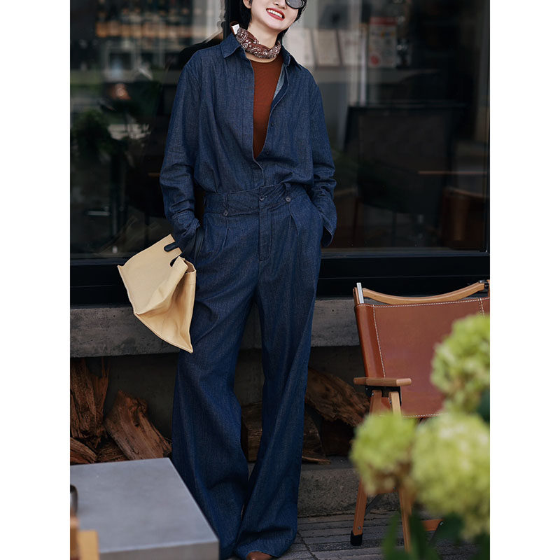休闲大方流行穿搭一整套2026新款牛仔蓝长袖上衣同色长裤两件套