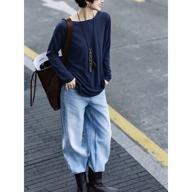 流行时尚穿搭一整套2026新款藏青色长袖上衣浅蓝色牛仔长裤两件套