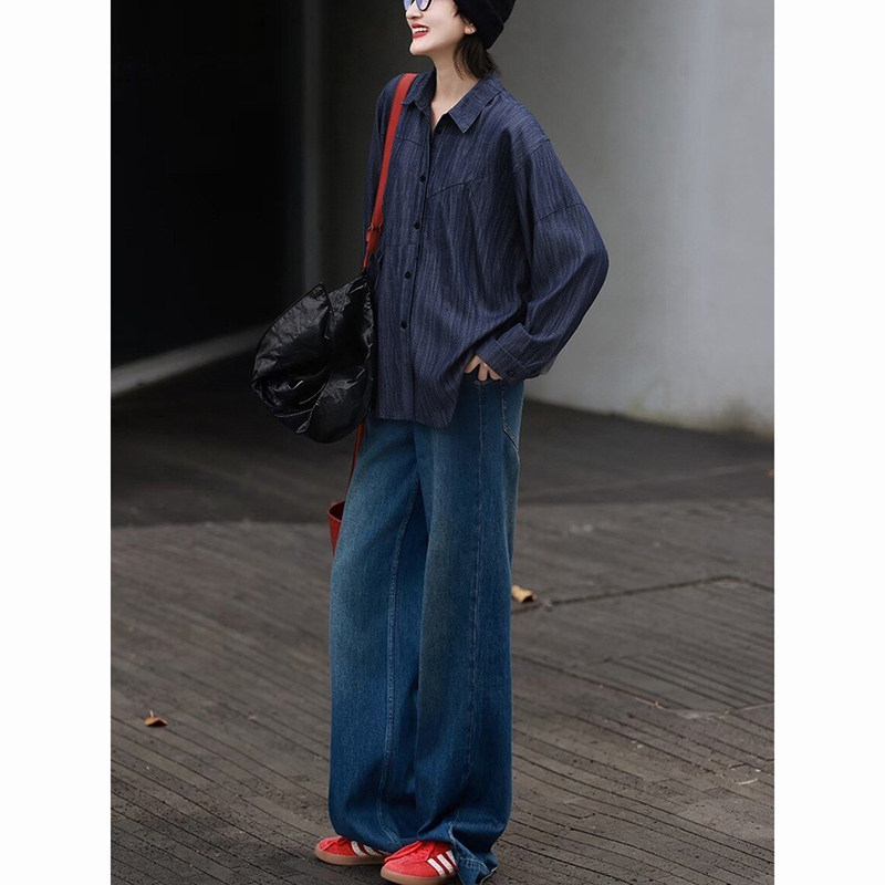 今年流行精致穿搭套装2026新款牛仔蓝长袖衬衫同色牛仔长裤两件套