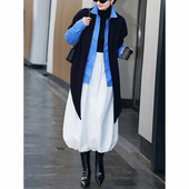 黑色打底衫 超好看精致穿搭套装 蓝色衬衫 同色外套白色花苞裙四件套