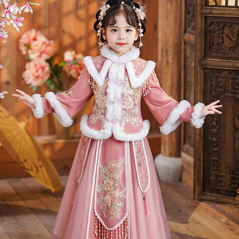 EYAS女童加绒汉服套装2023新款唐装加厚简约高端古风纯色拜年服