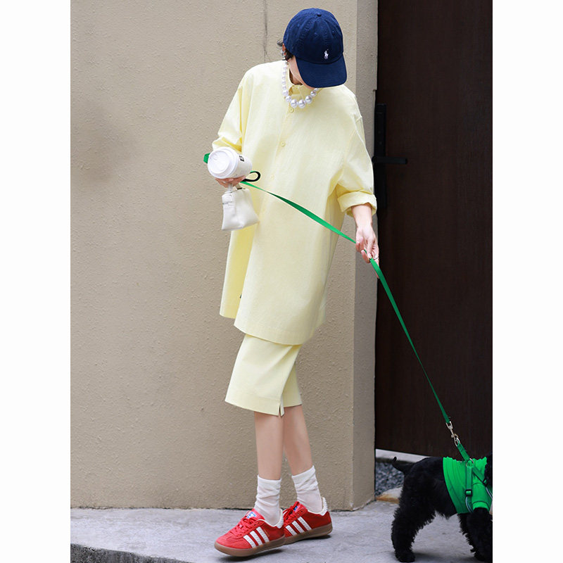 新款设计休闲气质减龄穿搭一整套奶黄色宽松衬衫同色半身裙两件套,女装/女士精品,大码套装,淘宝优惠券,粉丝福利购,淘宝优惠卷