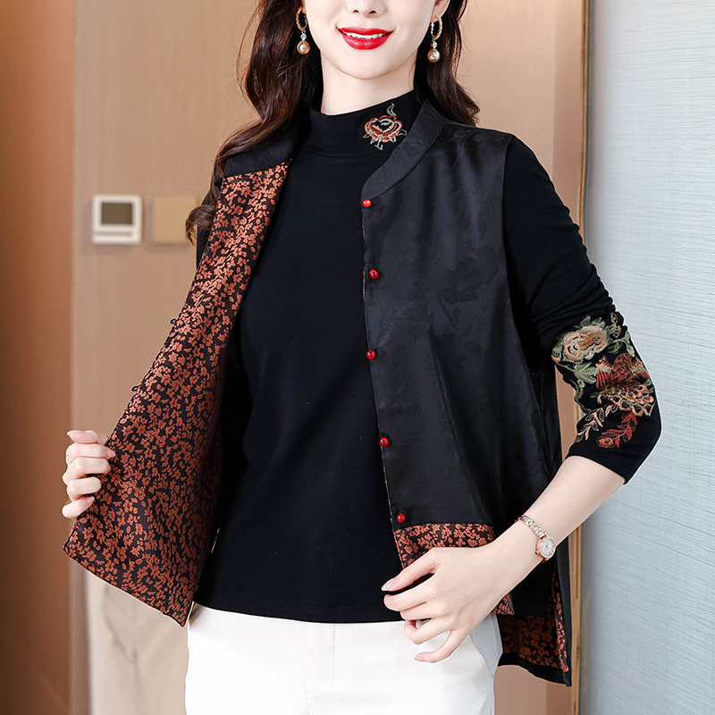 2025春季新款国风大码外搭缎面提花百搭双面穿马甲民族风上衣女