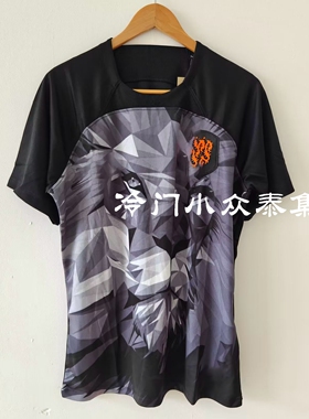 冷门小众欧洲橙色狮子潮牌球衣几何印花黑色狮头短袖足球服运动服