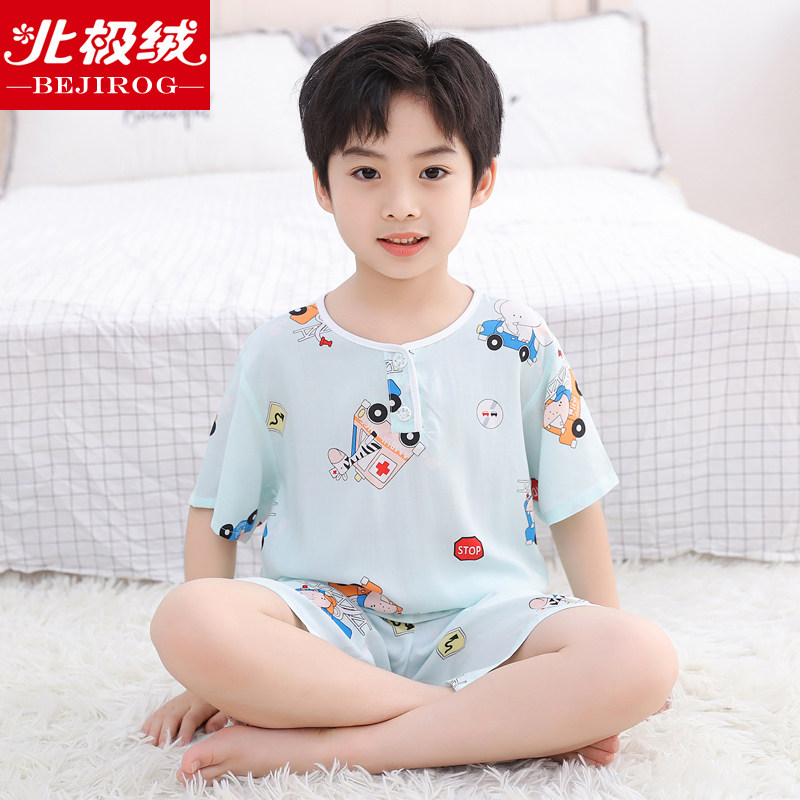 夏季儿童棉绸睡衣套装男童短袖大童薄款女童绵绸孩短裤空调家居服