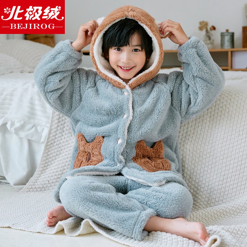 男童法兰绒睡衣套装女童加厚儿童珊瑚绒小孩暖暖家居服大童秋冬款