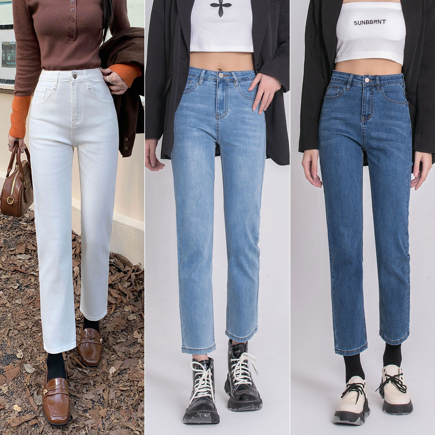 夏薄款高弹力显瘦修身白色直筒牛仔裤女八分九分小个子法棍烟管裤