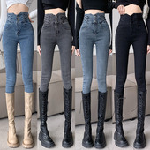 黑色铅笔裤 超高腰烟灰色弹力收腹紧身小脚牛仔裤 女提臀显瘦修身