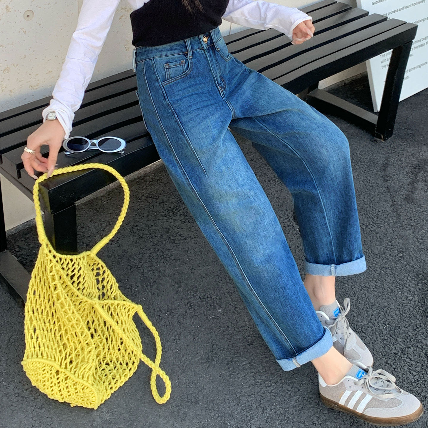 2026新款弹力宽松休闲哈伦老爹牛仔裤女高腰显瘦小个子九分萝卜裤