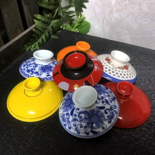盖子陶瓷茶碗盖红黄蓝绿白色碗盖
