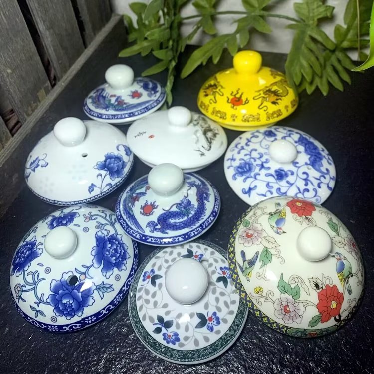 壶盖圆型通用陶瓷单盖子红黄蓝绿白色茶壶盖青花复古龙纹壶盖配件