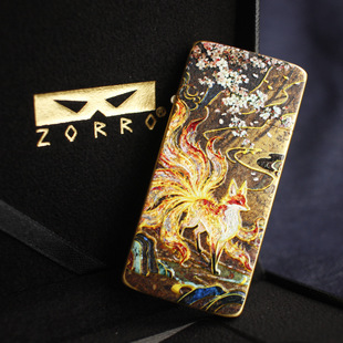 ZORRO佐罗新纯铜卡片式超薄煤油打火机天火九尾珐琅彩绘AB面男士